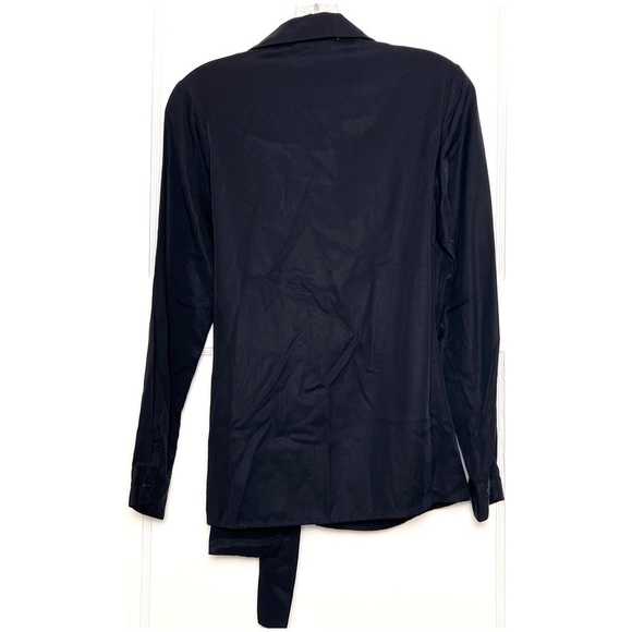 Navy Long Sleeve Button Front Tie Waist Tencel Crepe Collared Slim Fit Blouse XS - Picture 5 of 7